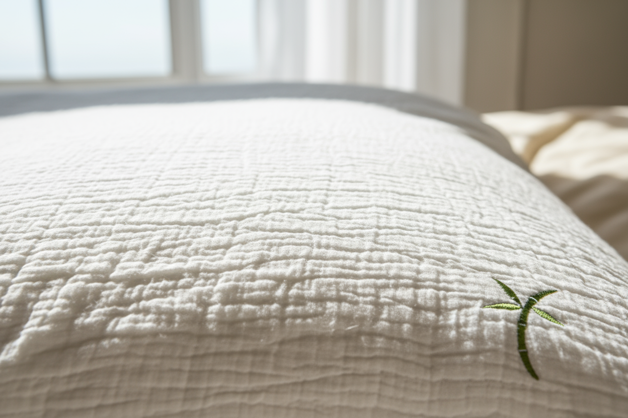 Macro-photographie de la housse en fibre de bambou de l'oreiller Zenpur, respirante et hypoallergénique.