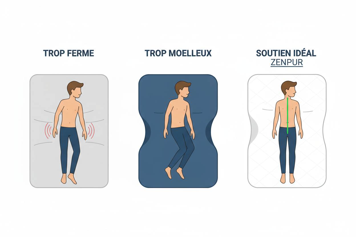 Illustration comparant un matelas trop ferme, trop moelleux, et le soutien idéal Zenpur.