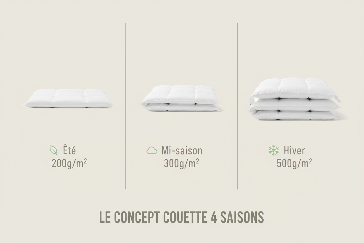 Guide du grammage (g/m²) de la couette 4 saisons Zenpur pour l'été et l'hiver.