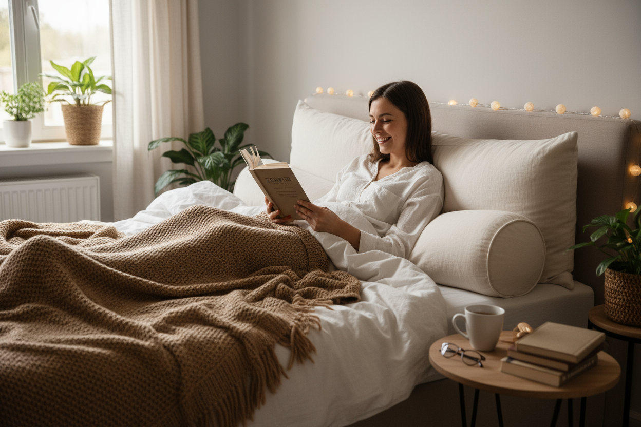Personne utilisant l'oreiller de corps Zenpur Le Pillow comme dossier de lecture au lit.