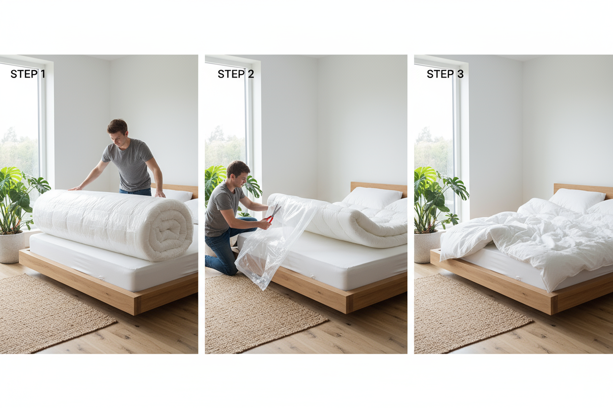 Guide en 3 étapes pour déballer un matelas en boîte Zenpur et le voir reprendre sa forme.