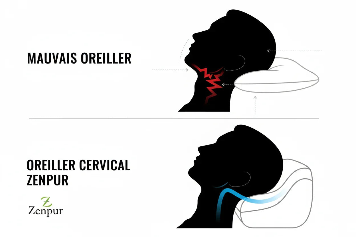 Schéma montrant l'oreiller cervical Zenpur ouvrant les voies respiratoires pour réduire le ronflement.