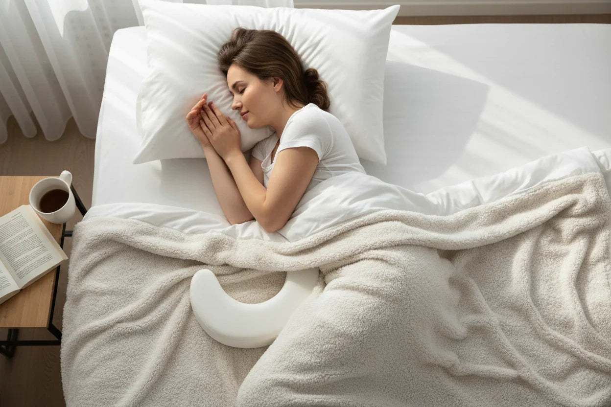 Personne utilisant l'oreiller de corps Zenpur Le Pillow entre les genoux pour soulager une sciatique.