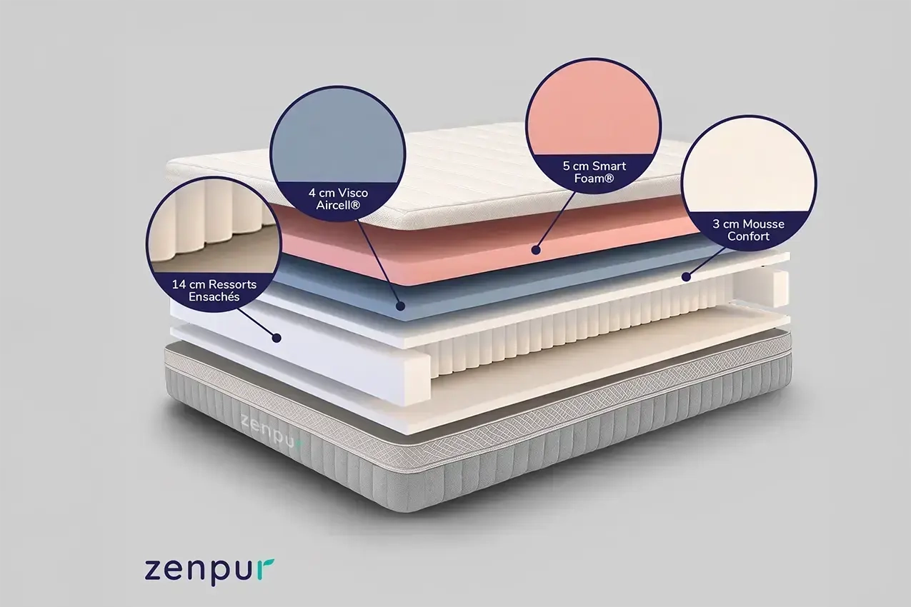 Matelas Elite Hybride ZenPur® avec couches multiples, mousse à mémoire de forme et ressorts ensachés pour soutien ergonomique et confort haut de gamme