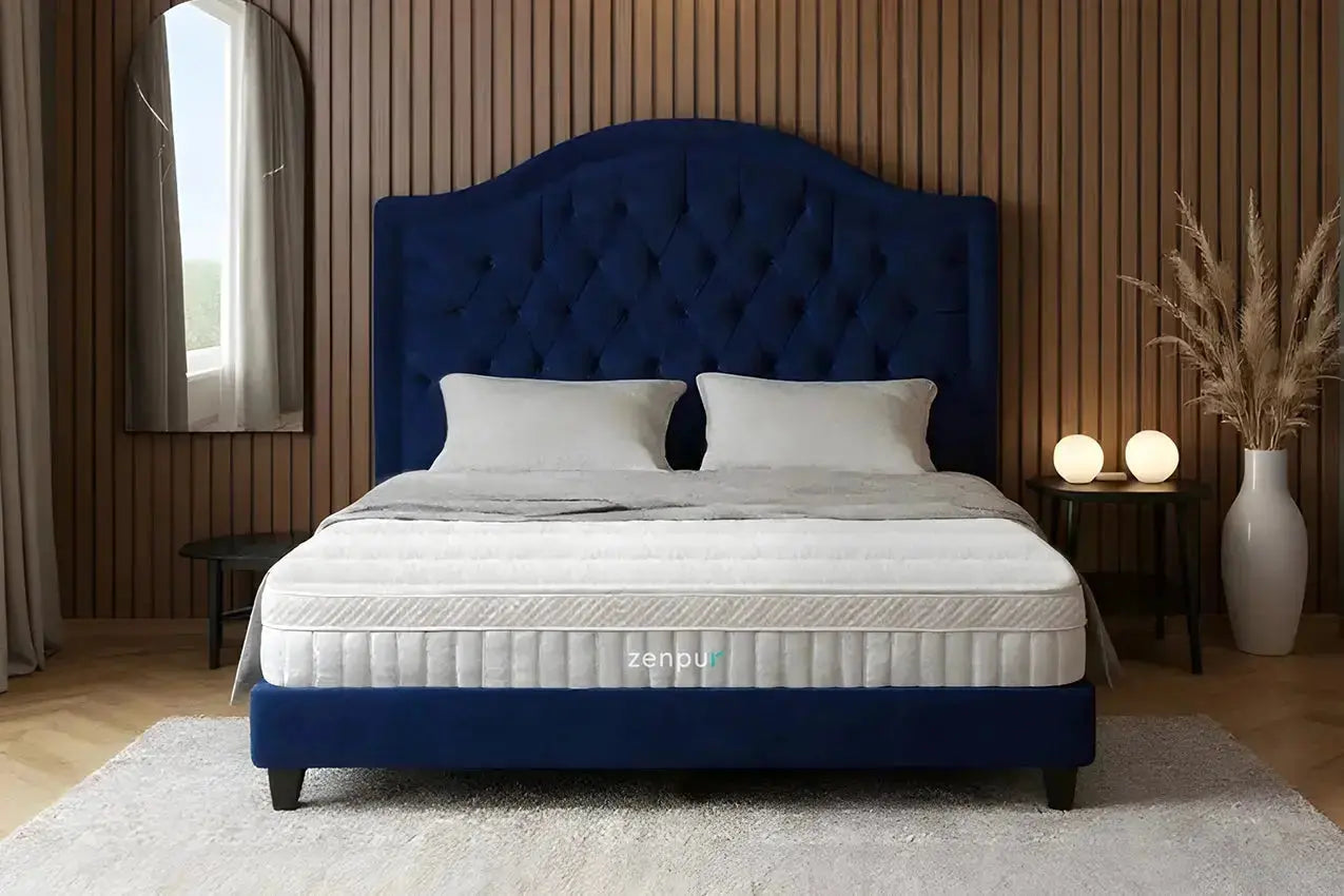 Matelas Elite Hybride ZenPur® sur lit moderne, couches hybrides avec mousse à mémoire de forme et ressorts ensachés pour confort optimal