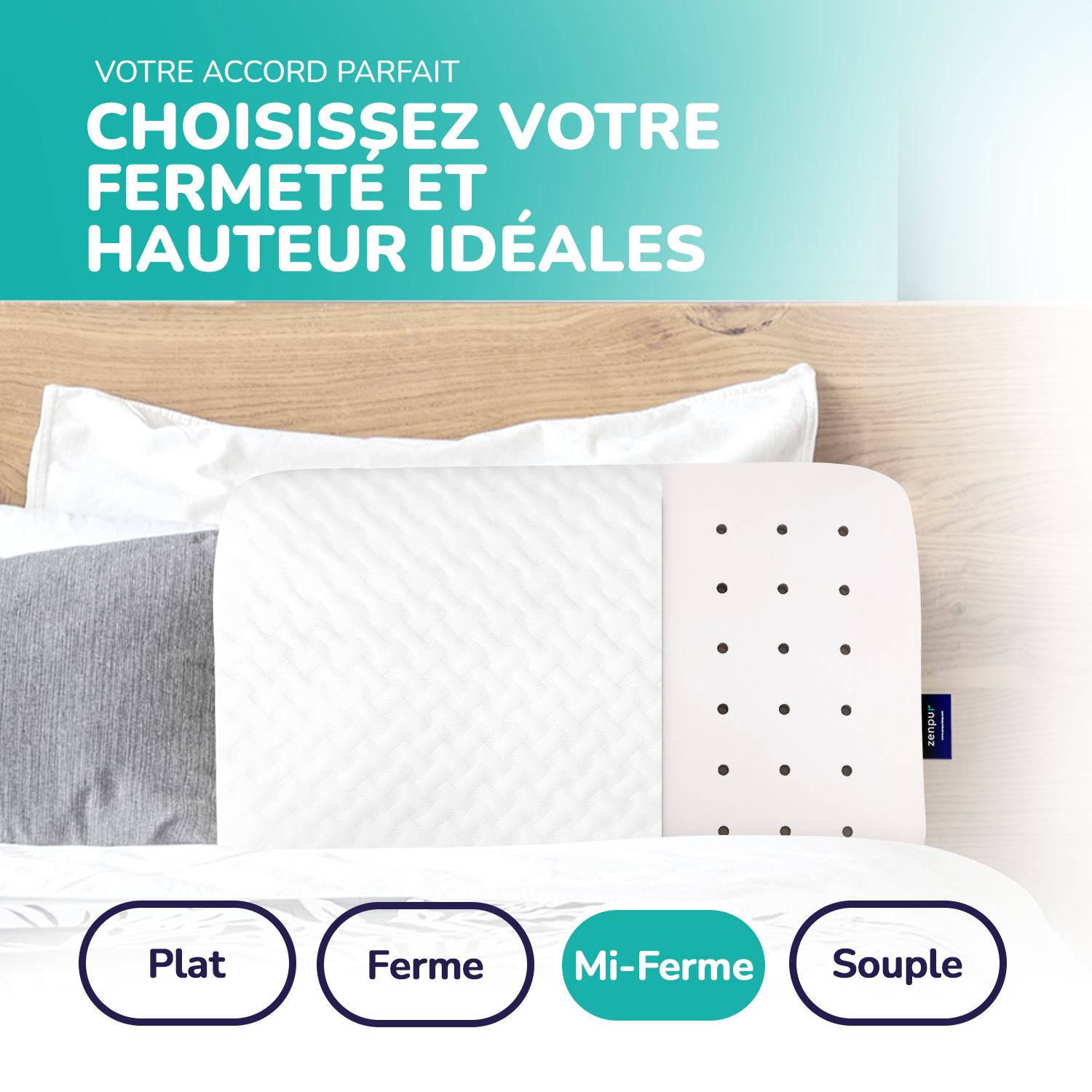 Oreiller ZenPur mémoire de forme soutien medium, idéal pour confort équilibré