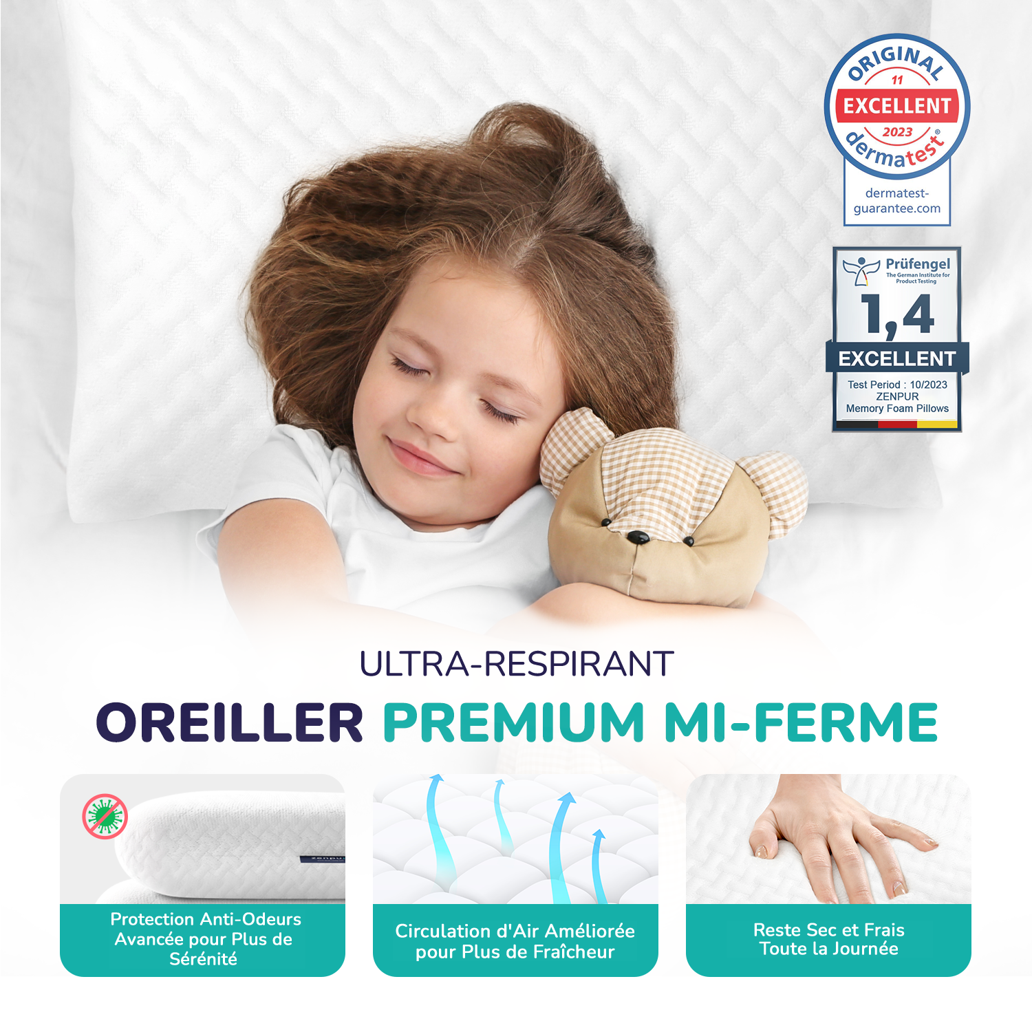 Oreiller ZenPur placé sur un lit moderne pour un confort ergonomique au quotidien