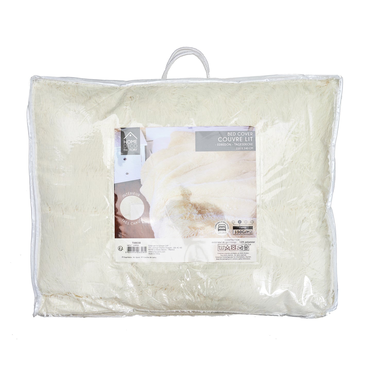 Couvre-lit poils longs beige ZenPur plié et emballé, prêt à offrir ou ranger facilement