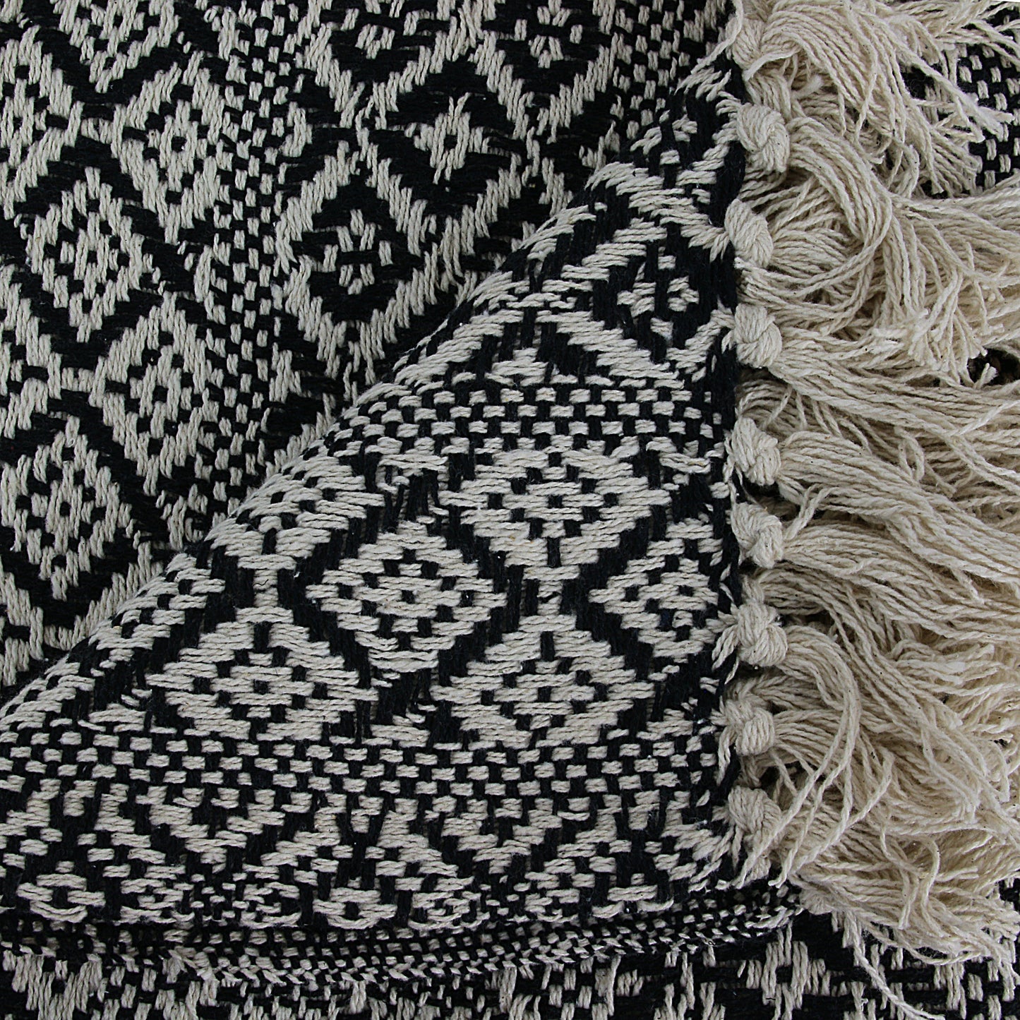 Détail du plaid ethnique à carreaux avec franges, tissu doux et design artisanal chic