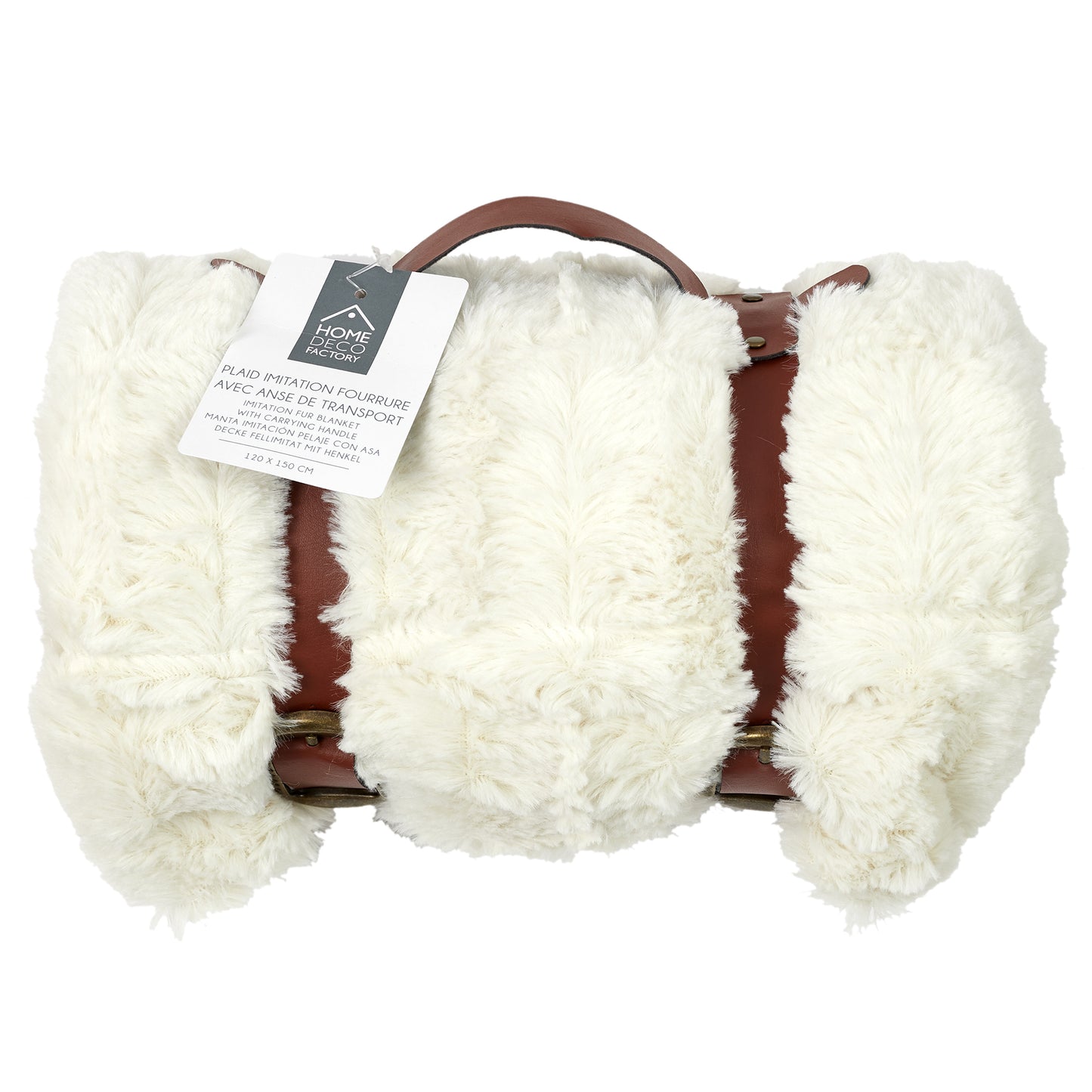 Plaid ZenPur blanc luxueux en imitation fourrure avec anse plié et emballé, prêt pour livraison sécurisée et cadeau