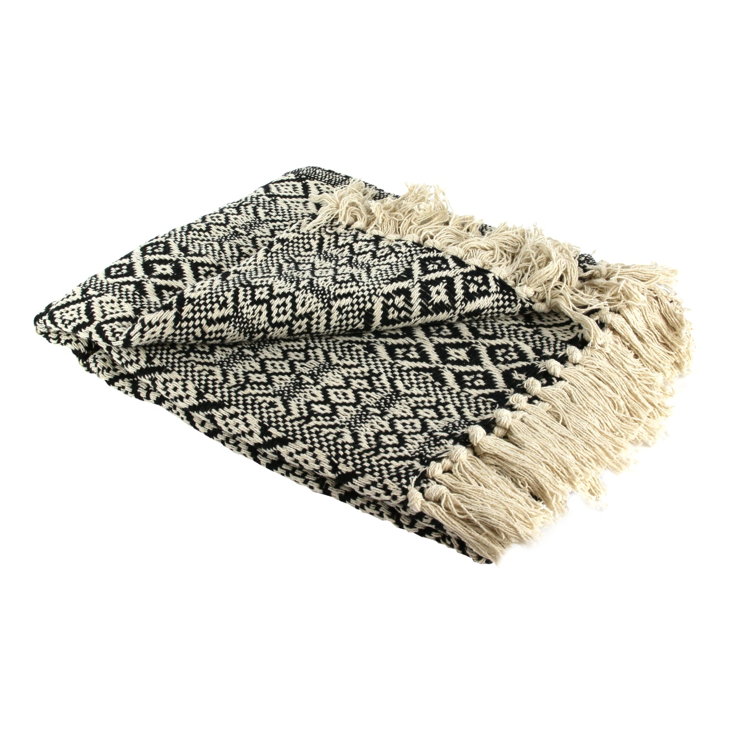 Plaid à carreaux ethnique chic plié, jeté en coton doux avec franges