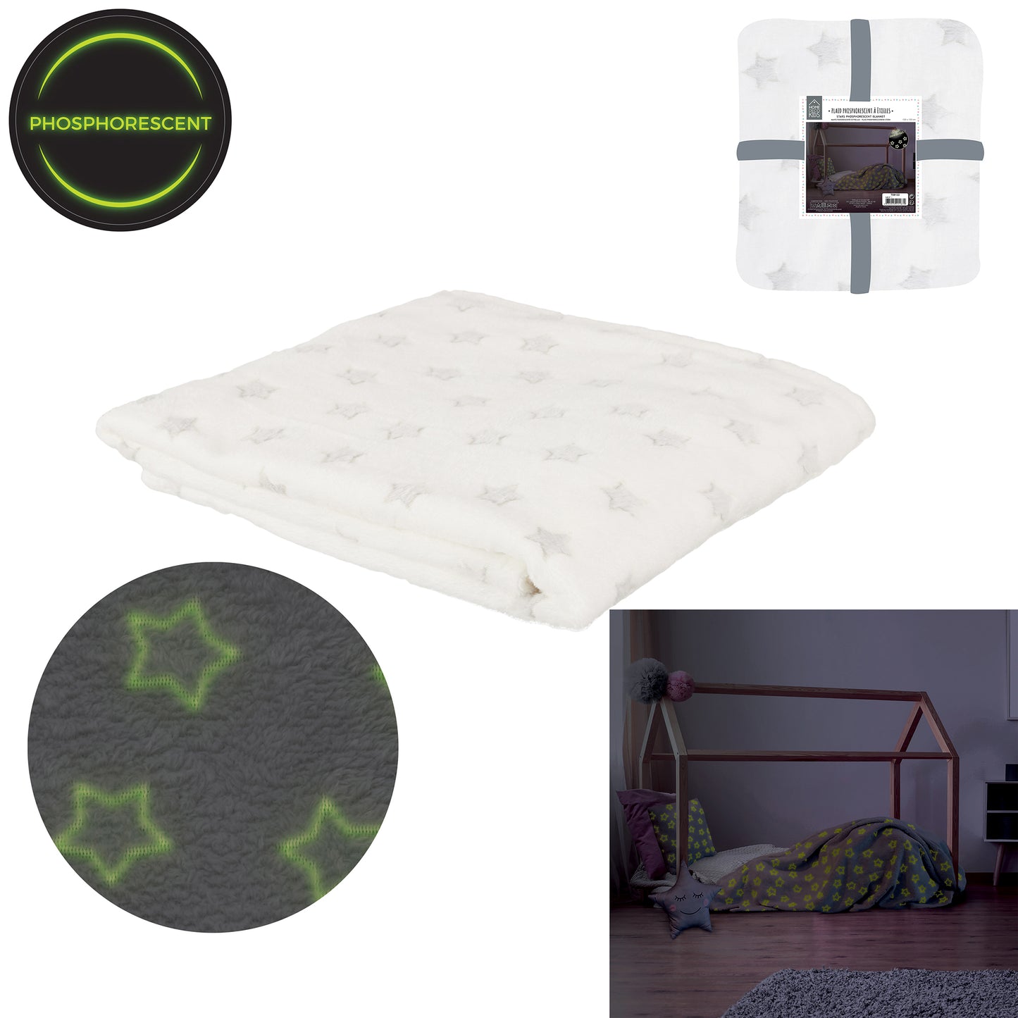 Plaid phosphorescent ZenPur blanc 120x150 cm, vues multiples montrant le motif étoile et l’effet lumineux dans le noir