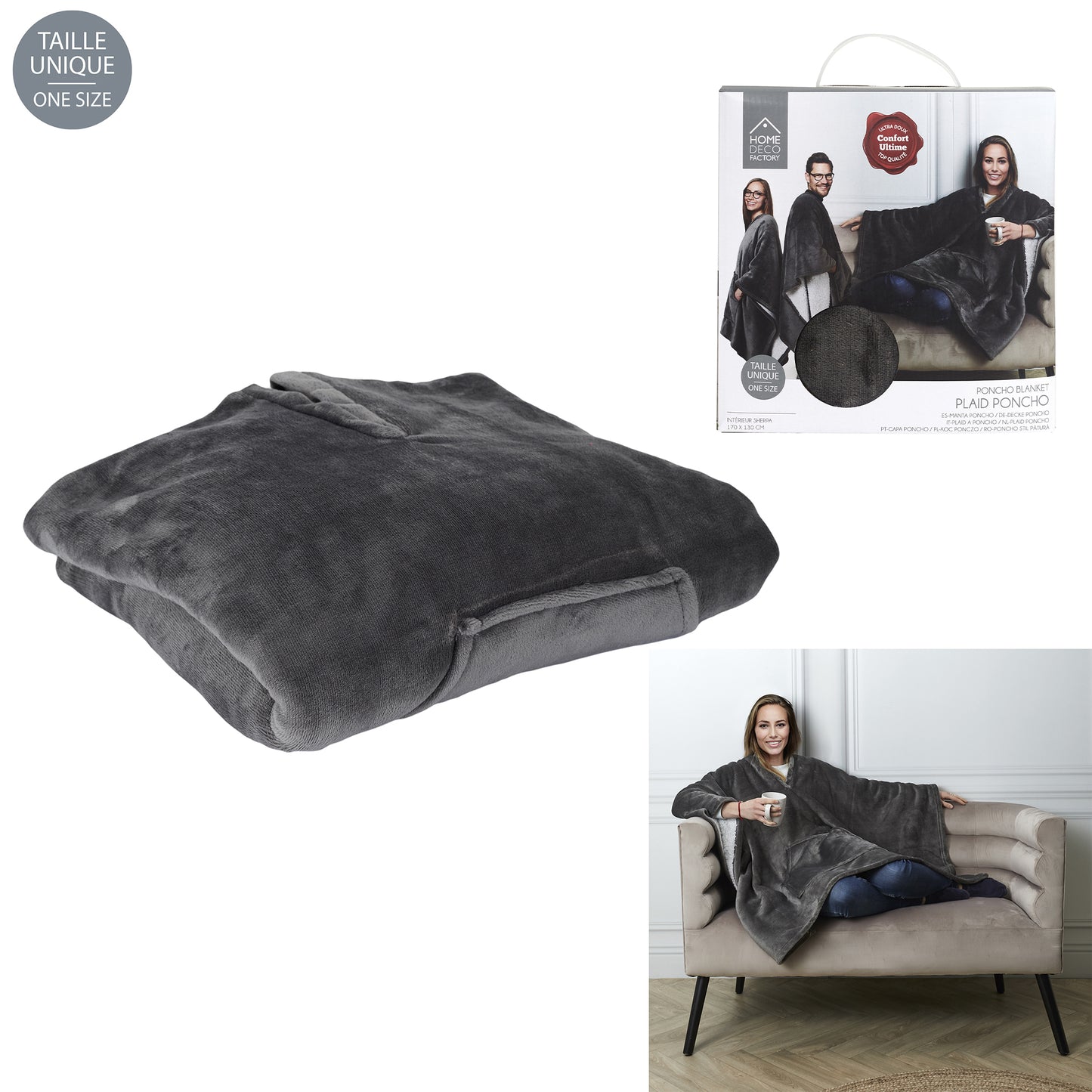 Plaid poncho ZenPur gris idéal pour se réchauffer à la maison ou en extérieur