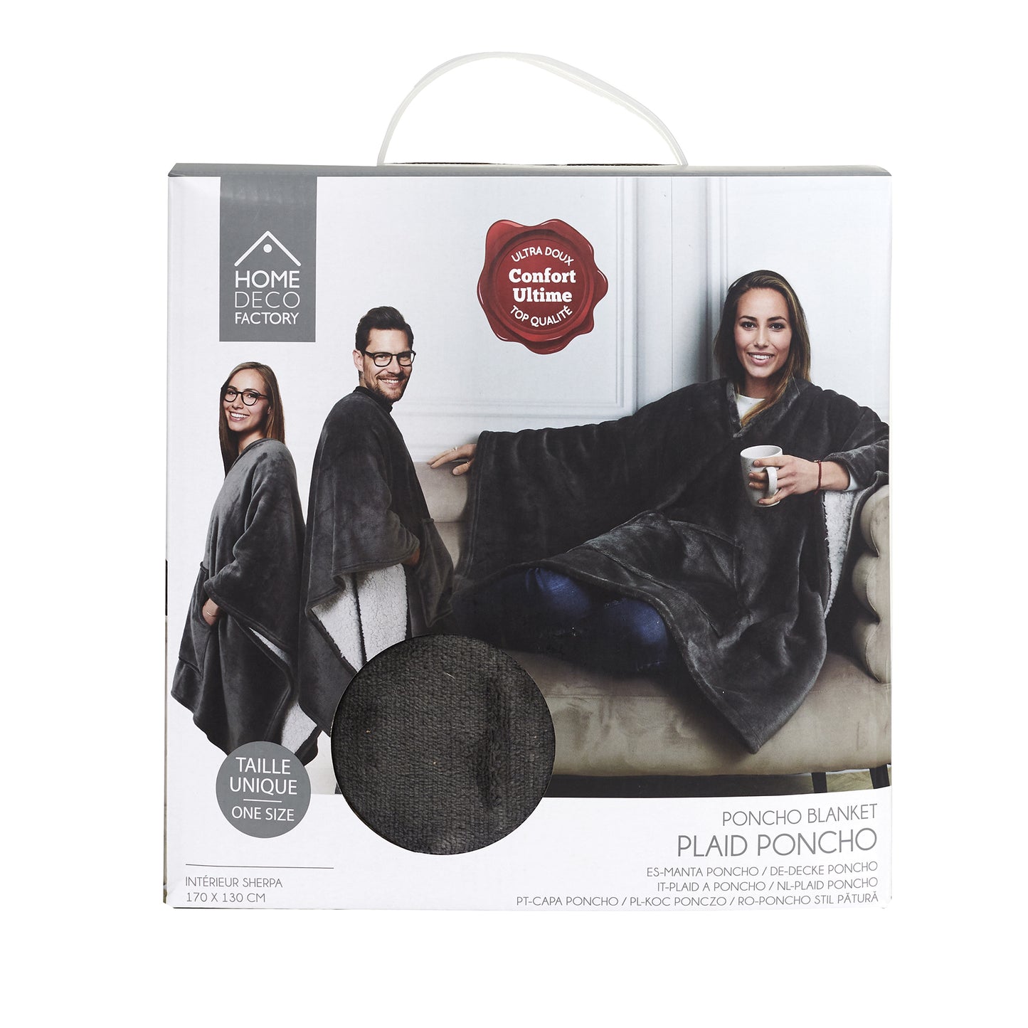 Plaid poncho ZenPur gris plié et emballé pour livraison pratique et protection optimale
