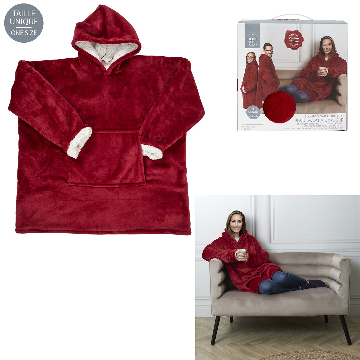Sweat à capuche ZenPur rouge avec intérieur Sherpa, idéal pour rester au chaud en hiver ou à la maison