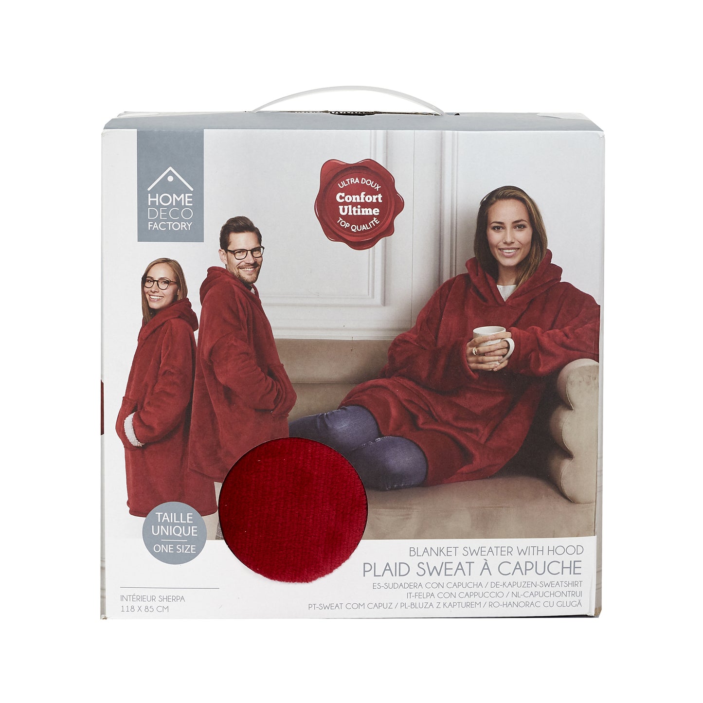 Sweat à capuche ZenPur rouge intérieur Sherpa plié et emballé pour livraison pratique et protection optimale