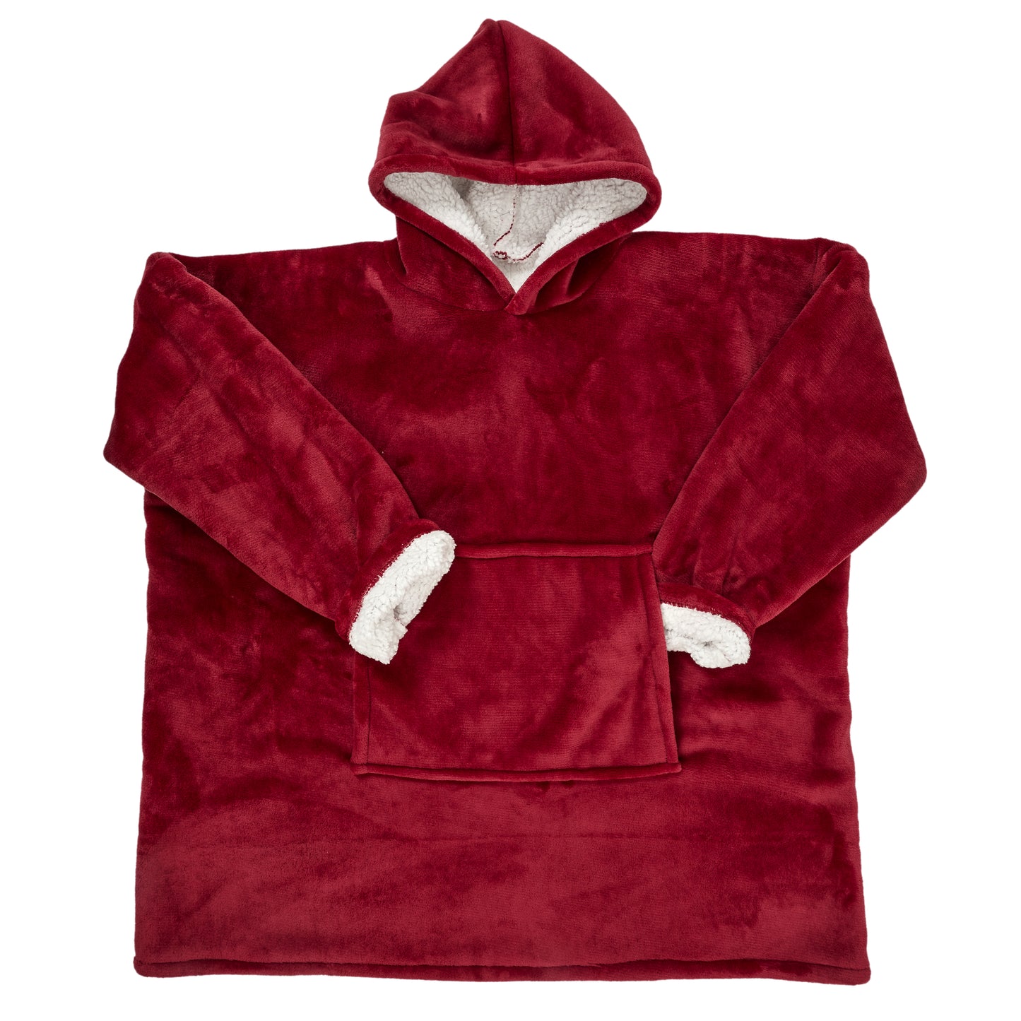 Sweat à capuche ZenPur rouge intérieur Sherpa étalé à plat, montrant coupe et design détaillé