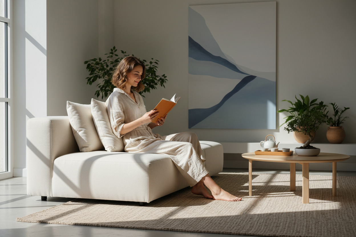 Coussin 45x45 Zenpur utilisé comme soutien ergonomique et décoratif sur un canapé.