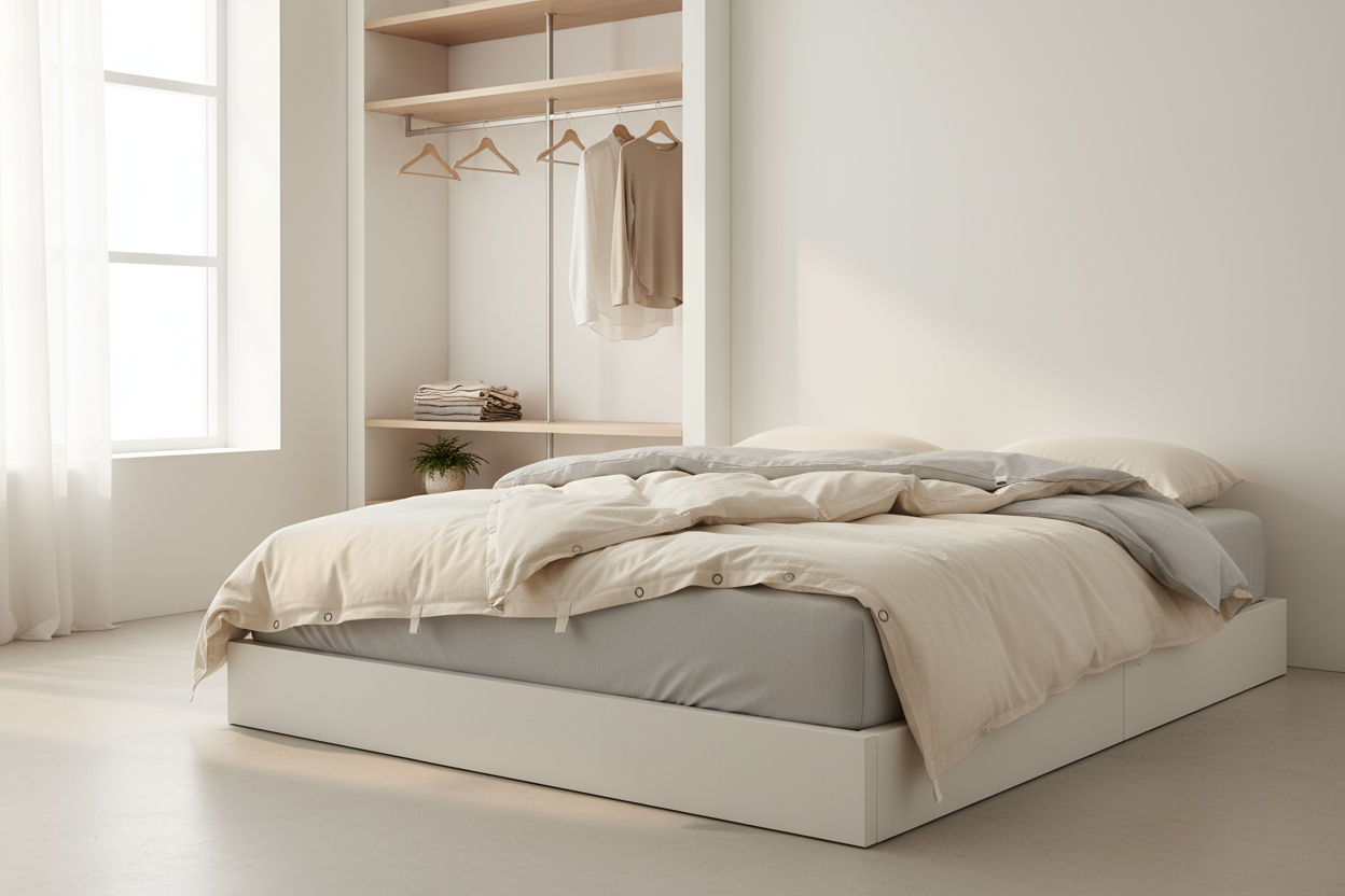 Chambre minimaliste montrant la couette 4 saisons Zenpur comme solution de rangement et de désencombrement.