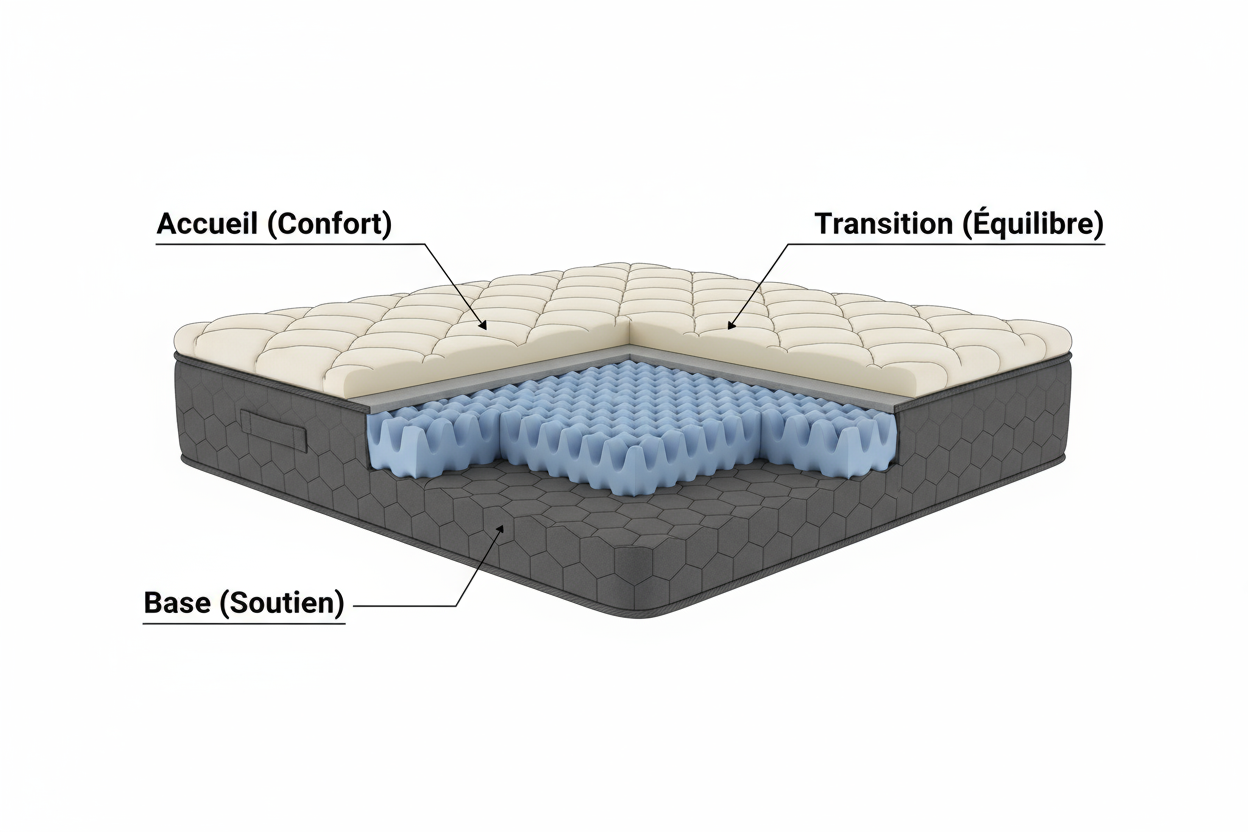 Anatomie d'un matelas Zenpur, montrant les différentes couches de soutien et de confort.