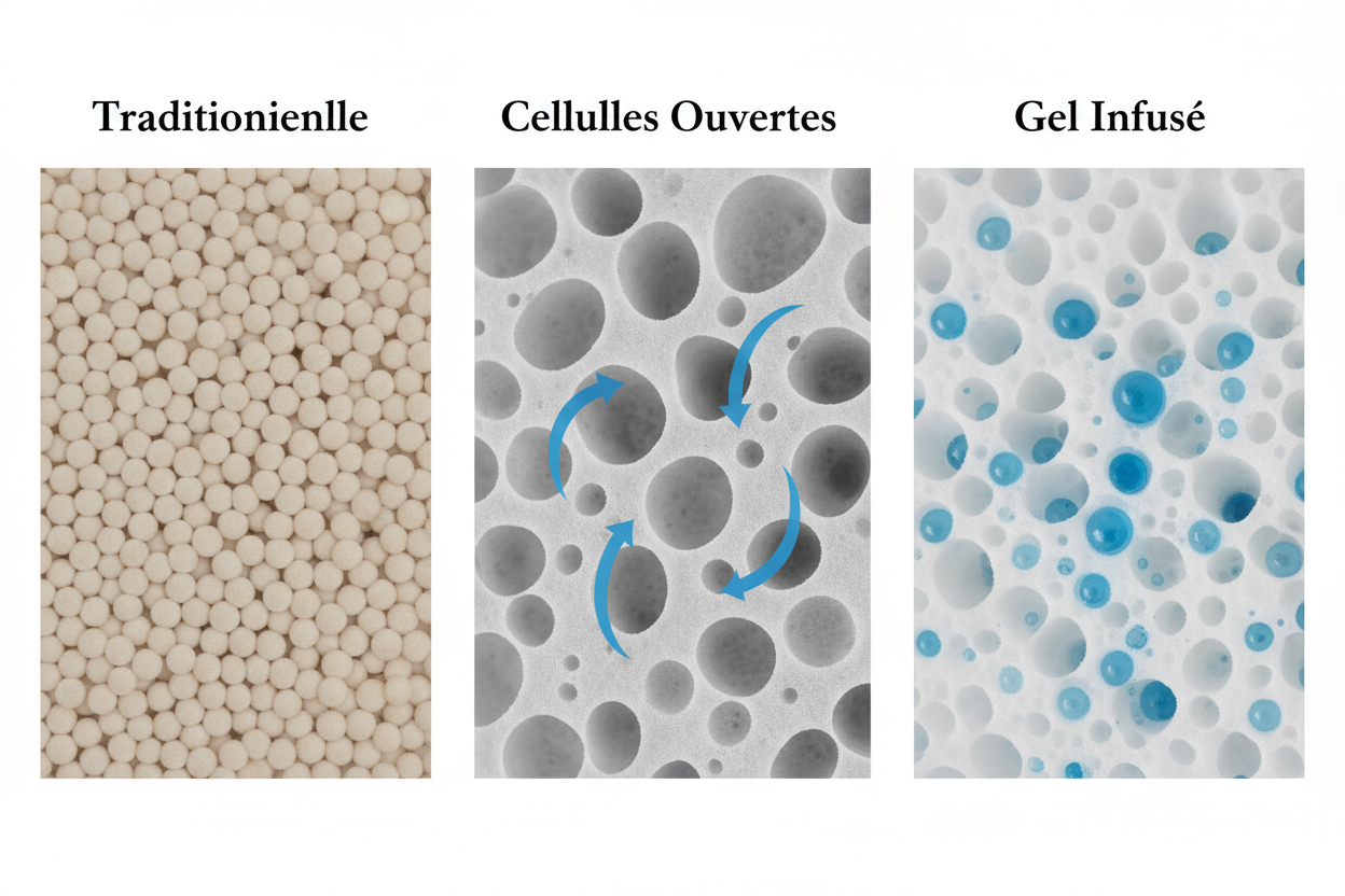 Comparaison des types de mousse à mémoire de forme : traditionnelle, à cellules ouvertes et infusée de gel Zenpur.