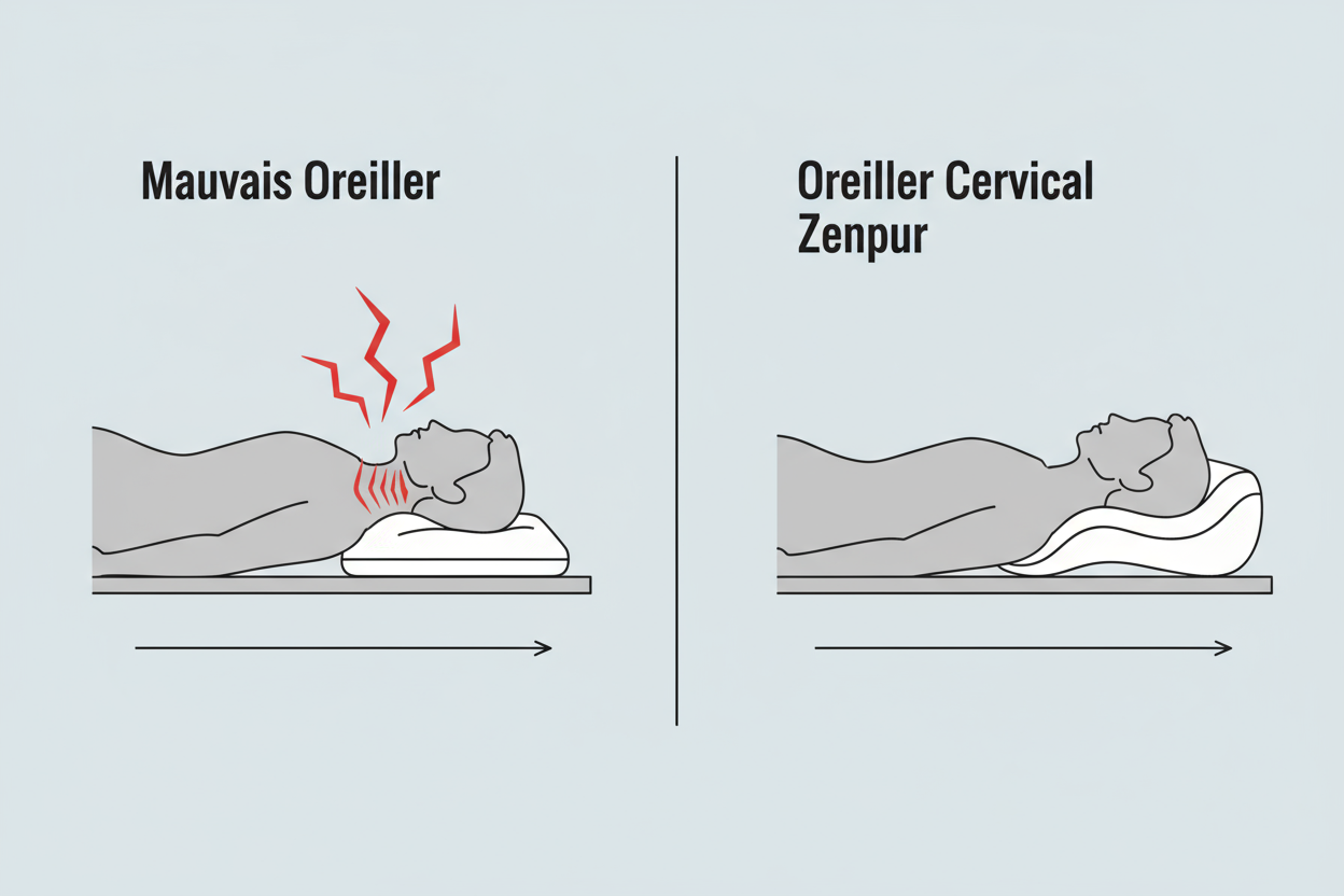 Schéma montrant l'oreiller cervical Zenpur soulageant le mal de tête matinal (céphalée de tension).