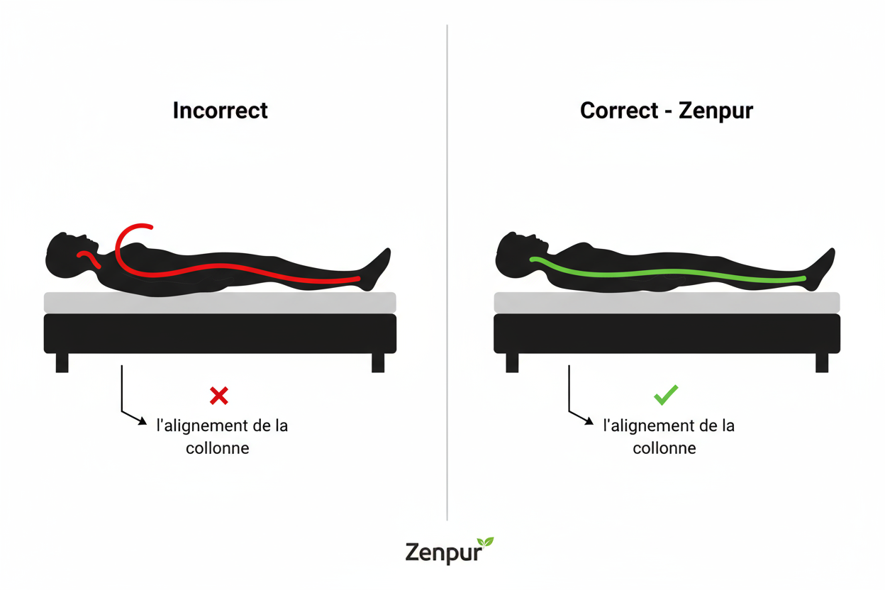 Schéma de l'alignement de la colonne vertébrale sur un matelas ergonomique Zenpur pour le mal de dos