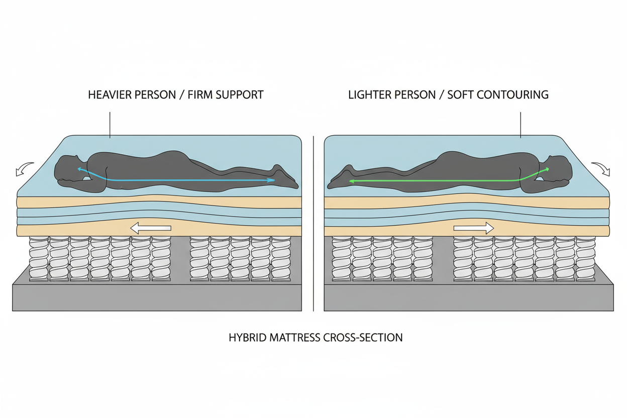 Matelas hybride Zenpur offrant un soutien adaptatif pour un couple aux préférences différentes.