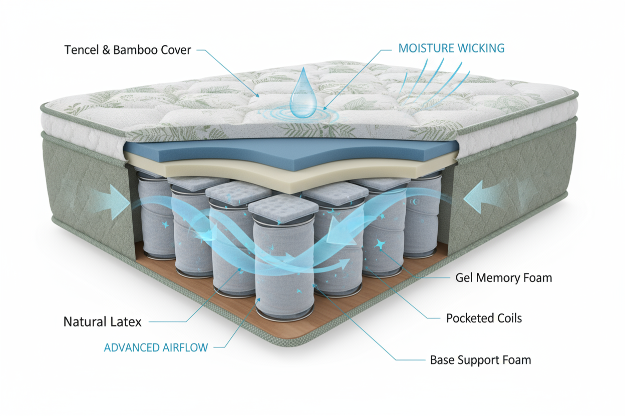 Illustration de la technologie respirante (airflow) et anti-humidité (Tencel) des matelas Zenpur pour sueurs nocturnes.