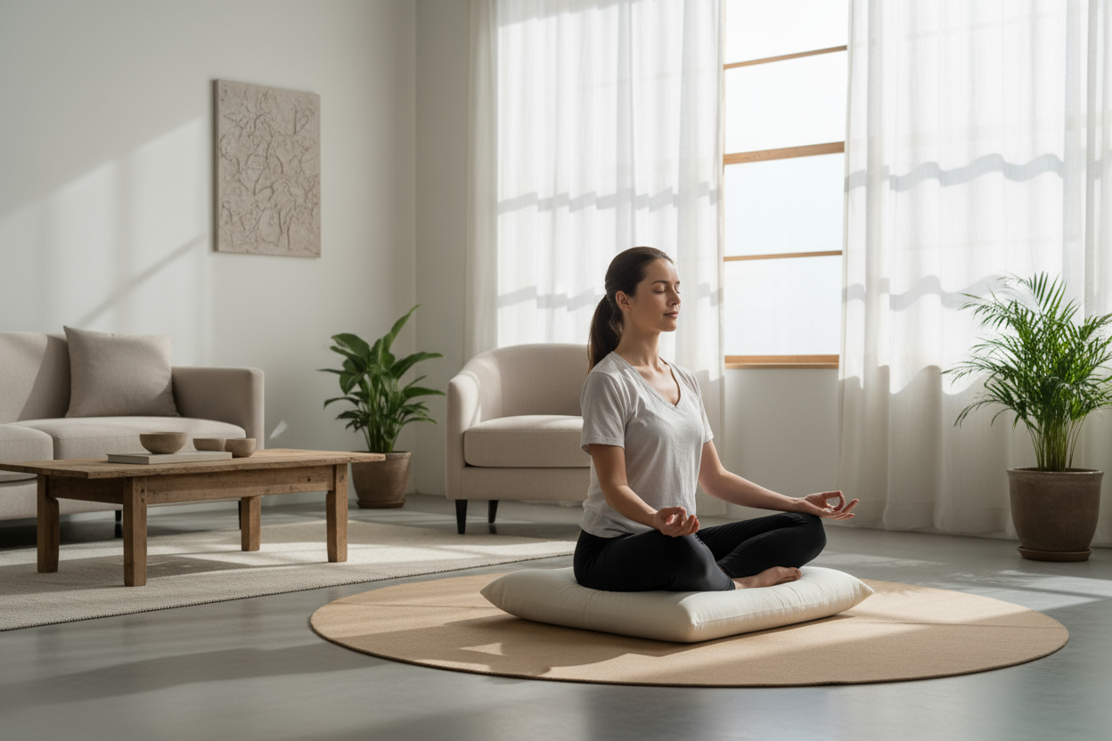 Personne utilisant un coussin 45x45 Zenpur comme coussin de sol ergonomique pour la méditation.