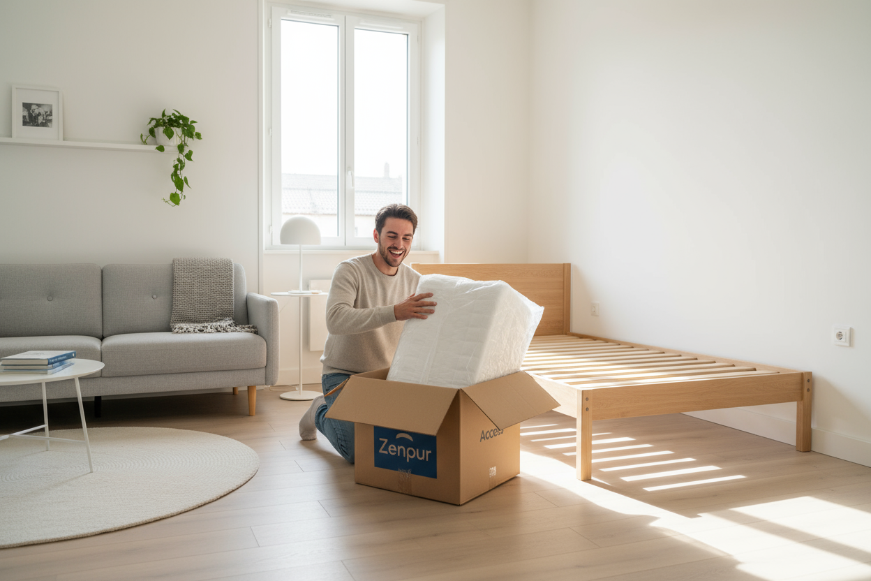 Étudiant déballant son premier matelas Zenpur Access dans un studio.