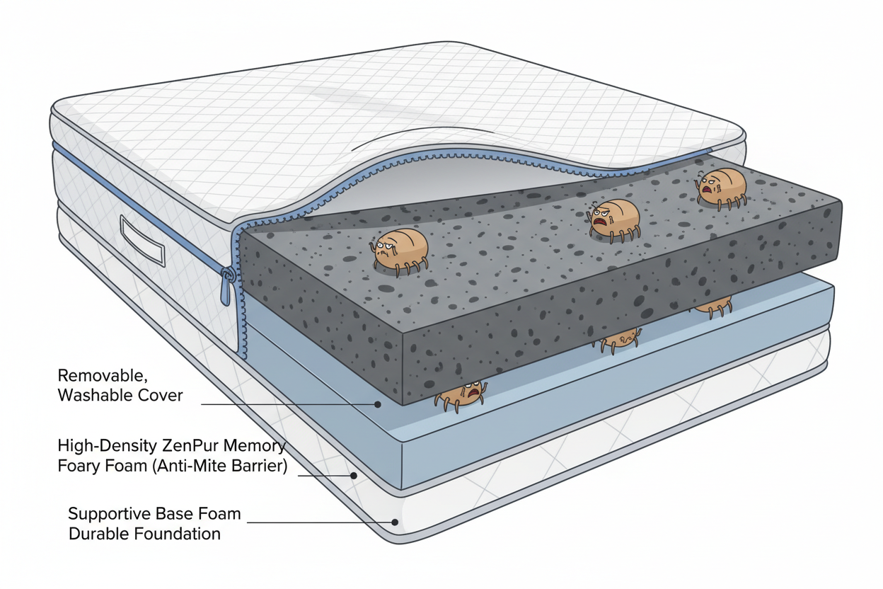 Schéma montrant la housse lavable et la mousse anti-acarien d'un matelas Zenpur.