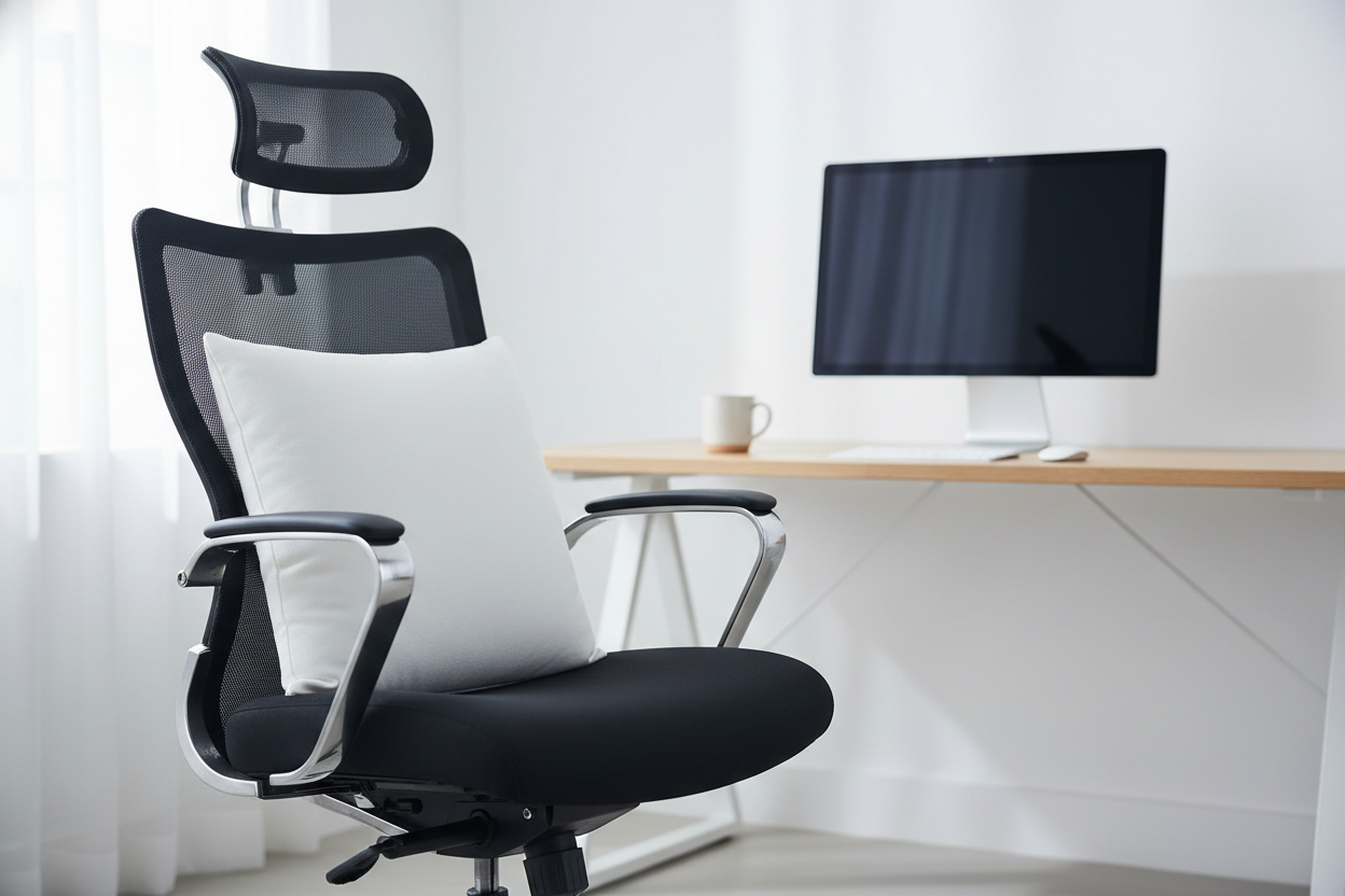 Coussin 45x45 Zenpur utilisé comme soutien lombaire ergonomique sur une chaise de bureau.