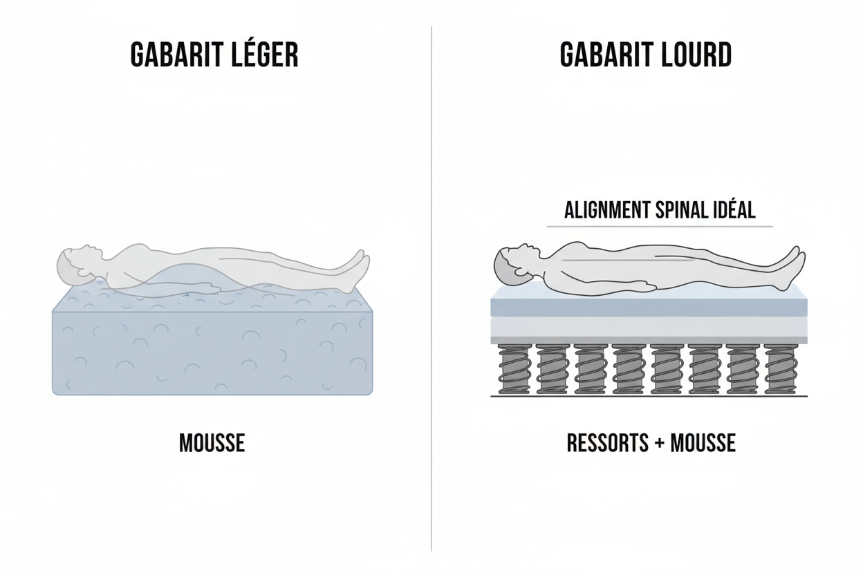 Infographie montrant quel matelas Zenpur choisir selon sa morphologie (léger ou lourd).