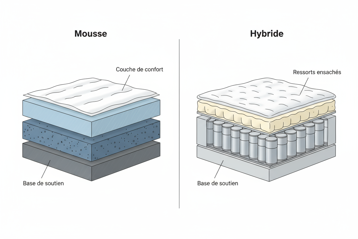 Comparaison technique entre un matelas hybride et un matelas à mémoire de forme Zenpur.