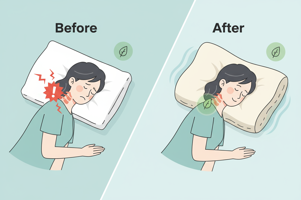 Schéma montrant l'oreiller cervical Zenpur empêchant les bras engourdis la nuit.