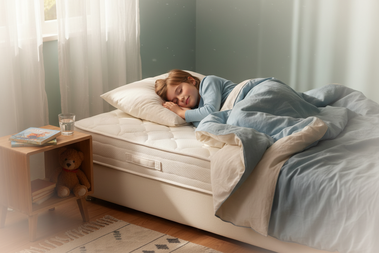 Enfant dormant paisiblement sur un matelas Zenpur Access, bon pour la croissance.