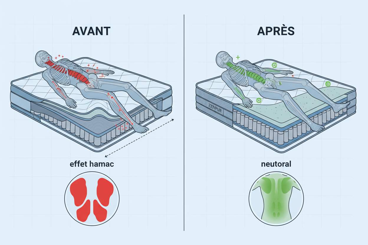 Illustration montrant comment un matelas Zenpur corrige l'effet hamac et soulage la douleur lombaire.
