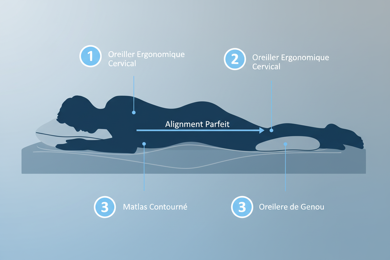 Schéma du système de sommeil Zenpur pour dormeur sur le côté (matelas, oreiller, coussin genoux)