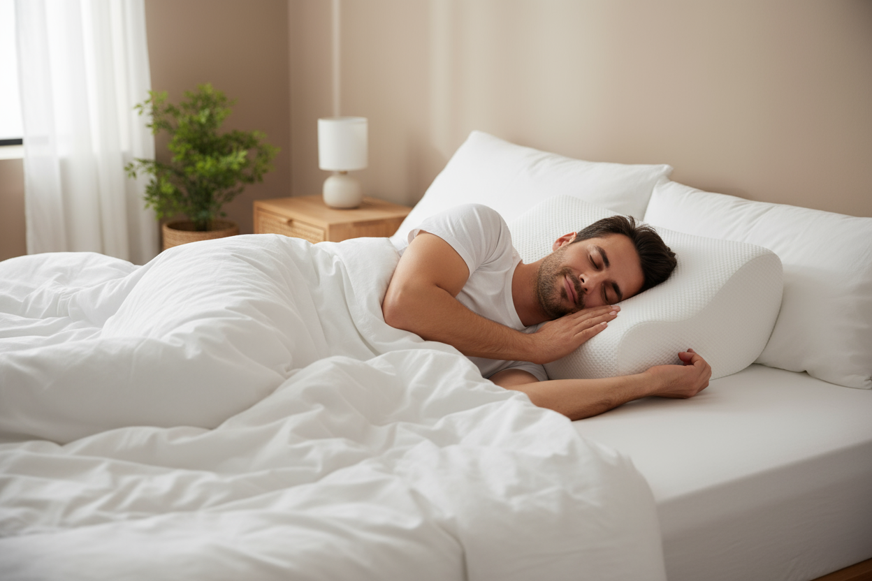 Couple dormant paisiblement grâce à l'oreiller cervical et au matelas Zenpur (anti-ronflement, anti-mouvement).