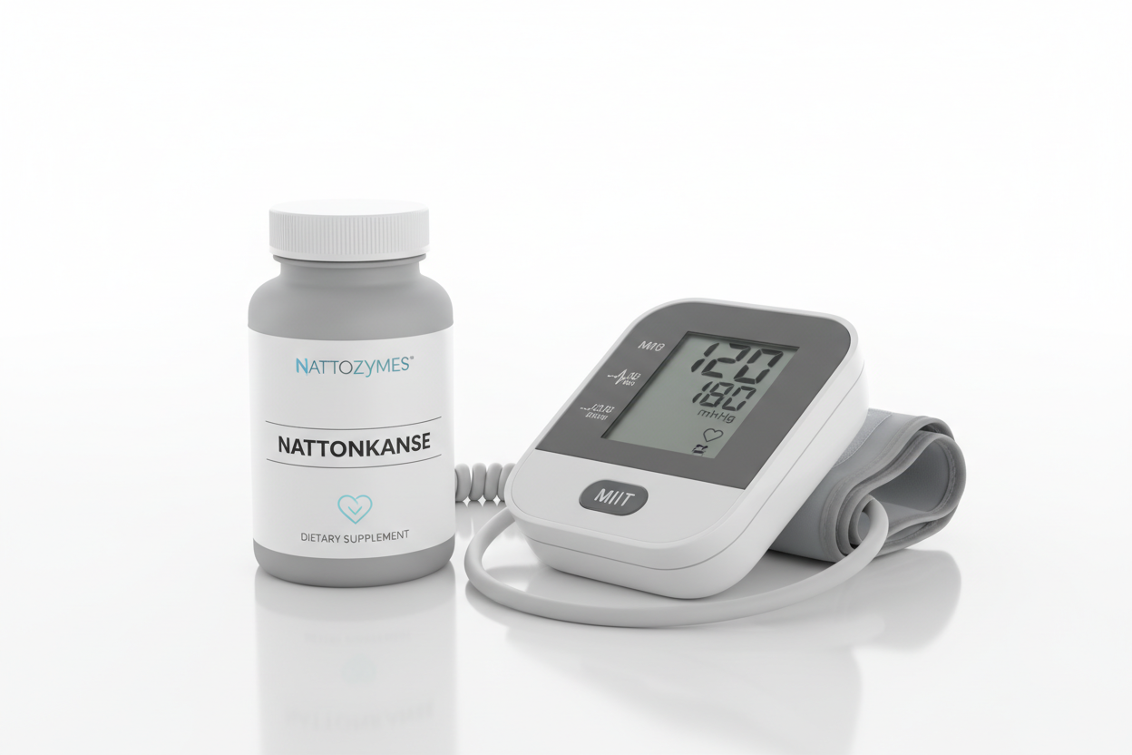 Nattokinase bottle next to a blood pressure cuff, symbolizing its natural support for maintaining healthy blood pressure levels.