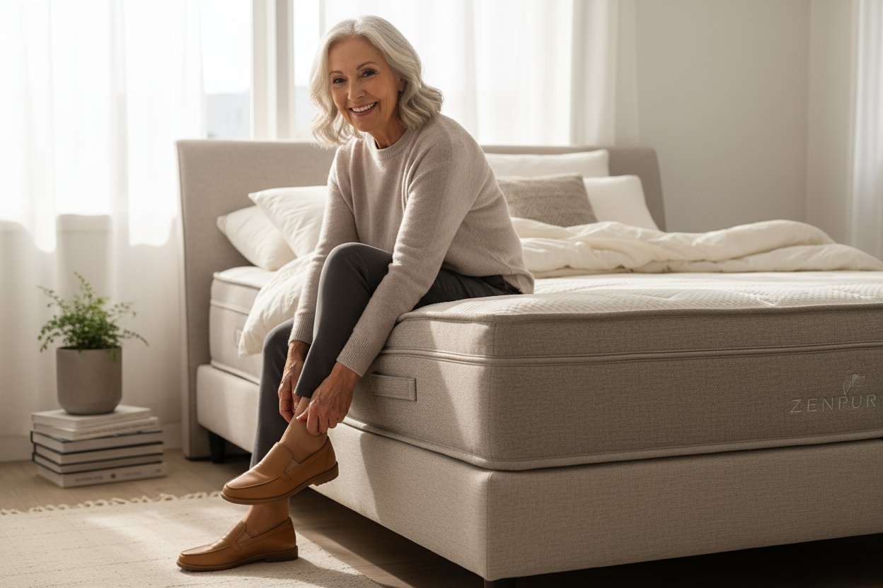 Personne senior assise sur le bord ferme du matelas hybride Zenpur, démontrant le soutien des bords.