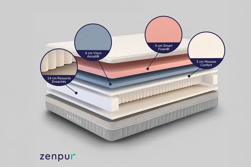 Matelas Elite Hybride ZenPur® avec couches multiples, mousse à mémoire de forme et ressorts ensachés pour soutien ergonomique et confort haut de gamme