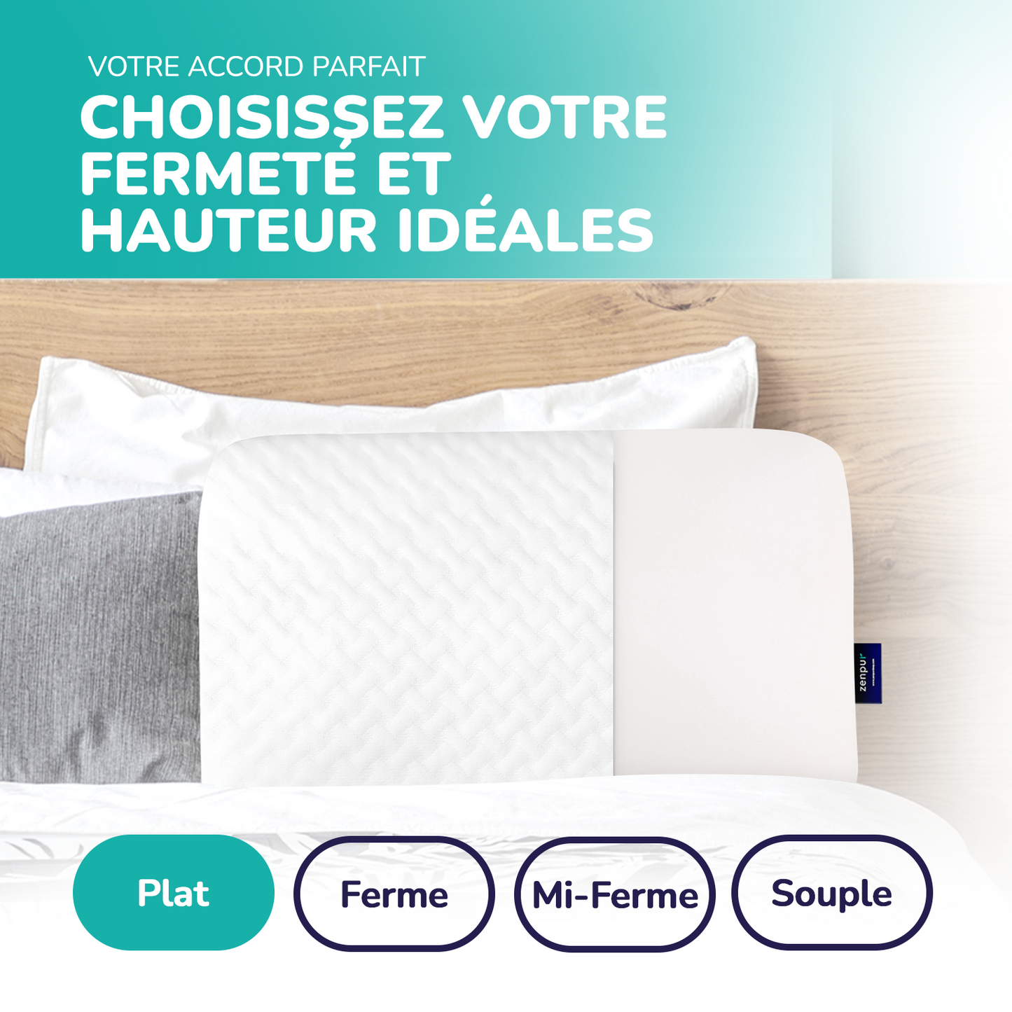 Oreiller ZenPur mémoire de forme plat, adapté aux dormeurs sur le ventre