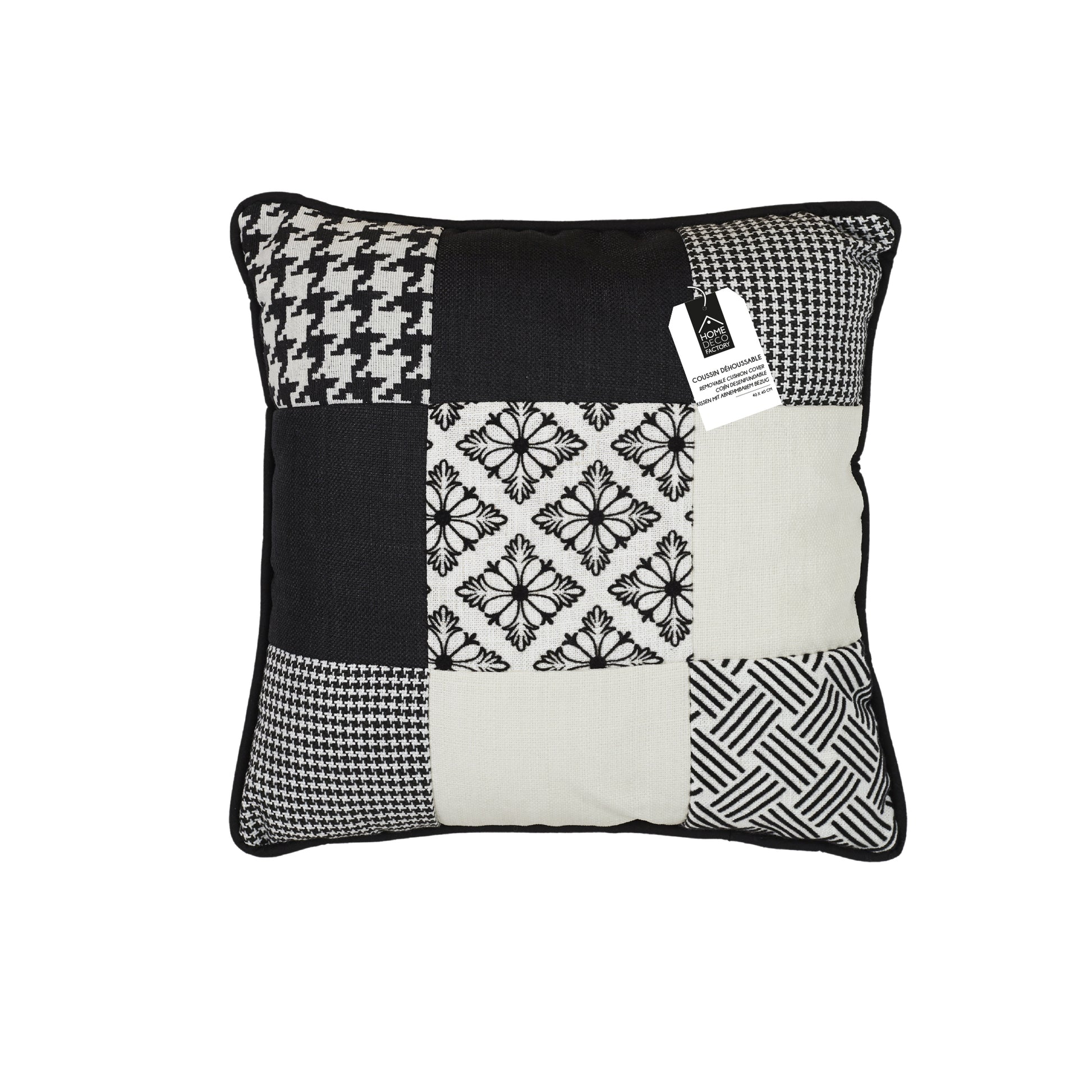 Coussin ZenPur patchwork noir et blanc, design élégant pour canapé ou lit