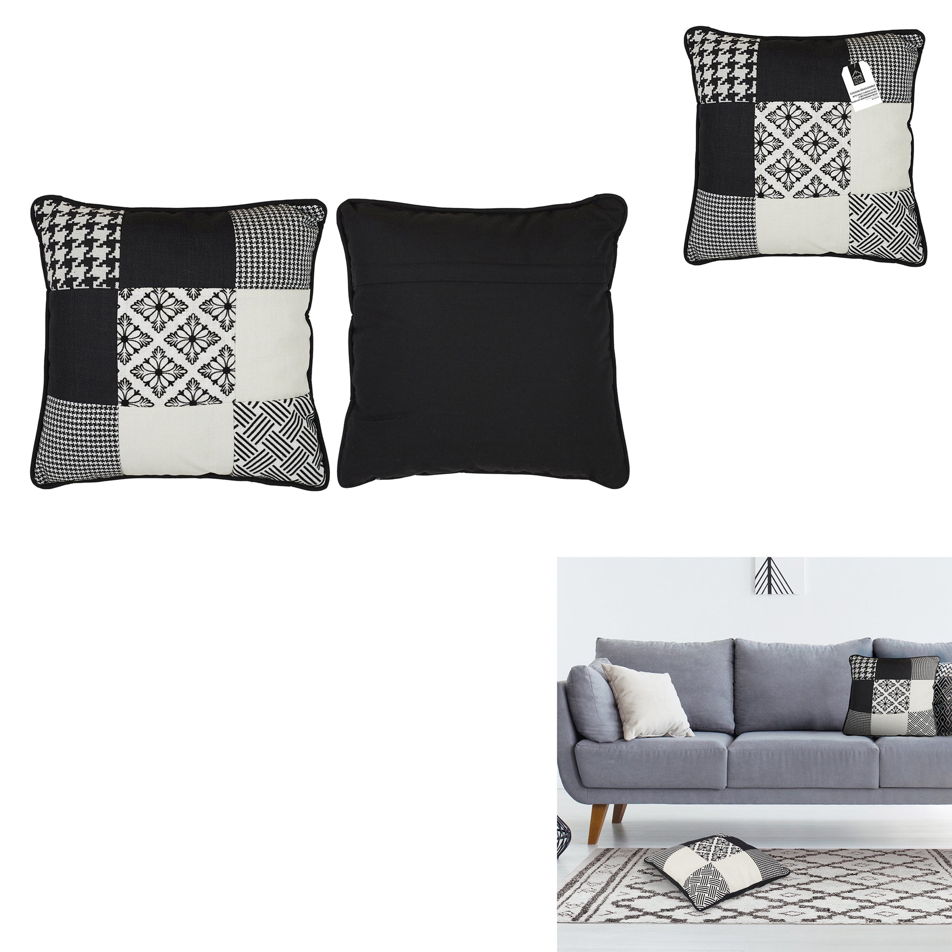 Détail du tissu patchwork noir et blanc du coussin ZenPur, texture douce et confortable