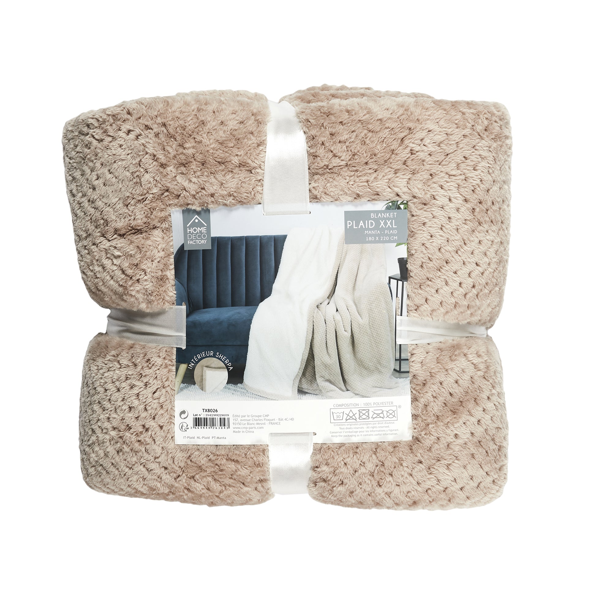 Plaid Nid d’Abeille Beige Sherpa XXL 180x220 cm ZenPur plié et emballé, prêt à offrir ou ranger facilement