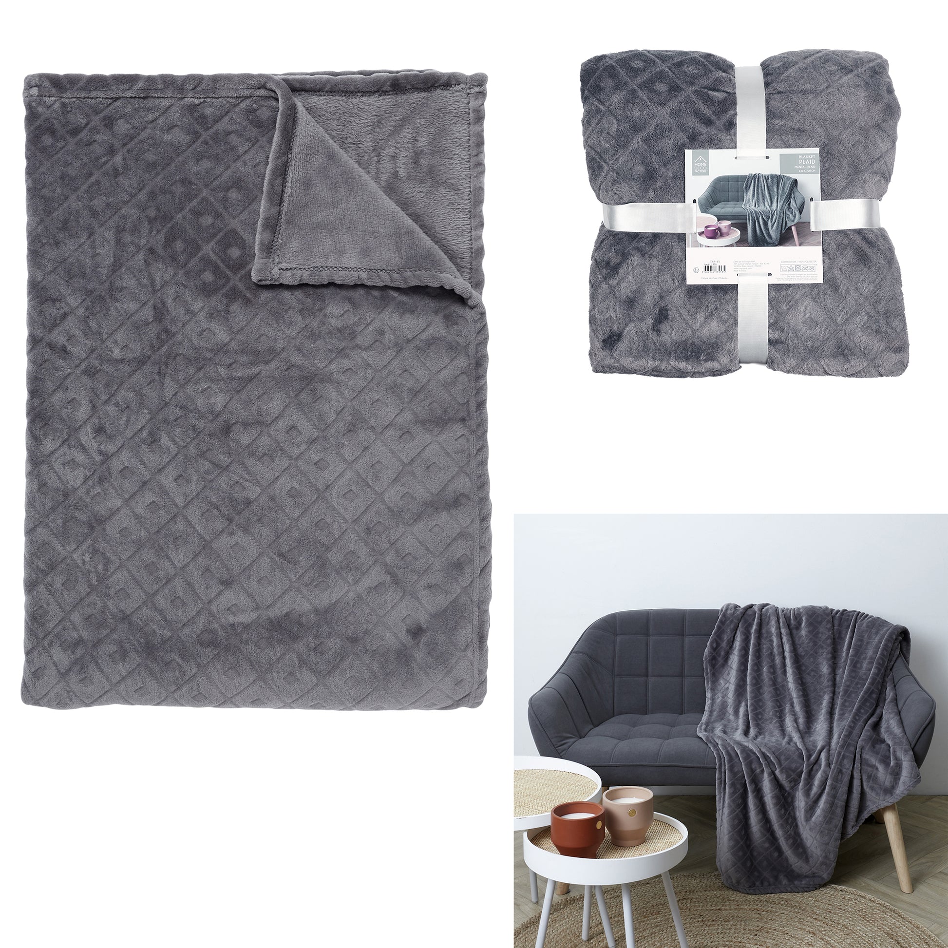 Plaid ZenPur embossé gris 140x200 cm, différentes vues du tissu et du motif élégant