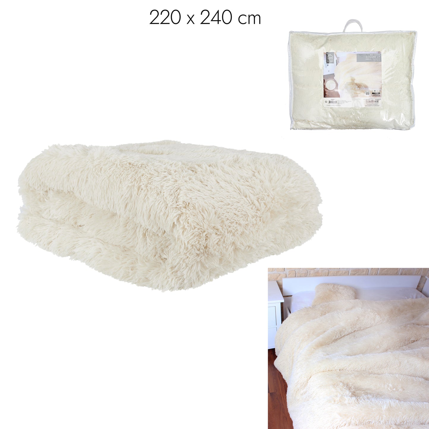 BEIGE LANGHAAR-Tagesdecke, 220 x 240 cm