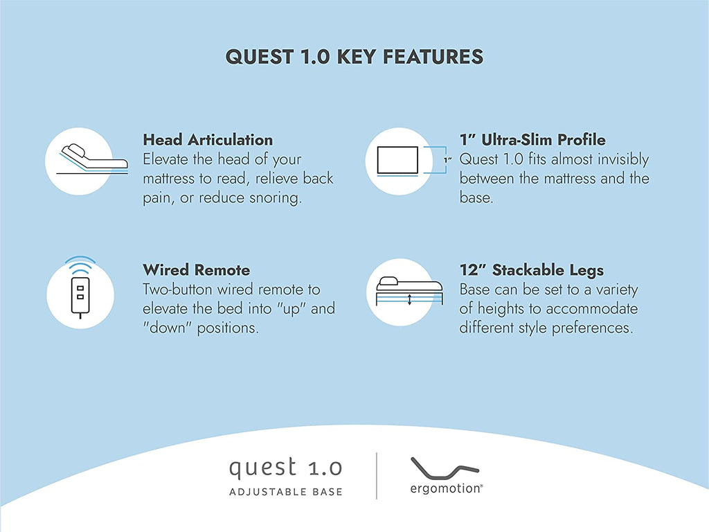 Ergomotion - Quest 1.0 - Adjustable Bed Frame Twin XL - Slim Adjustable Bed Base with Head Articulation and Wired Remote - Works with Most Mattresses